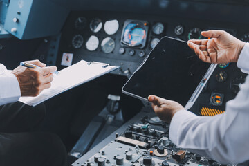 Professional pilot woman in uniform has teamwork meeting for success flight in aviation business....