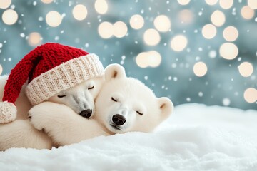 Cozy polar bears in a festive scene, embracing in soft snow with a cheerful red Christmas hat, evoking warmth and holiday spirit.