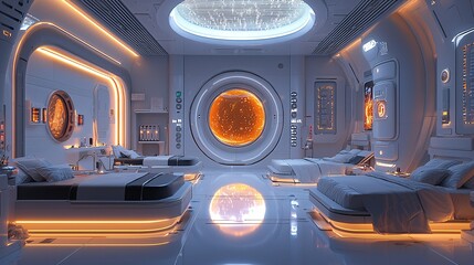 Fototapeta premium Space-Age Dispensary Room: A futuristic, space-themed dispensary room, with advanced technology and a sleek, ultra-modern design.