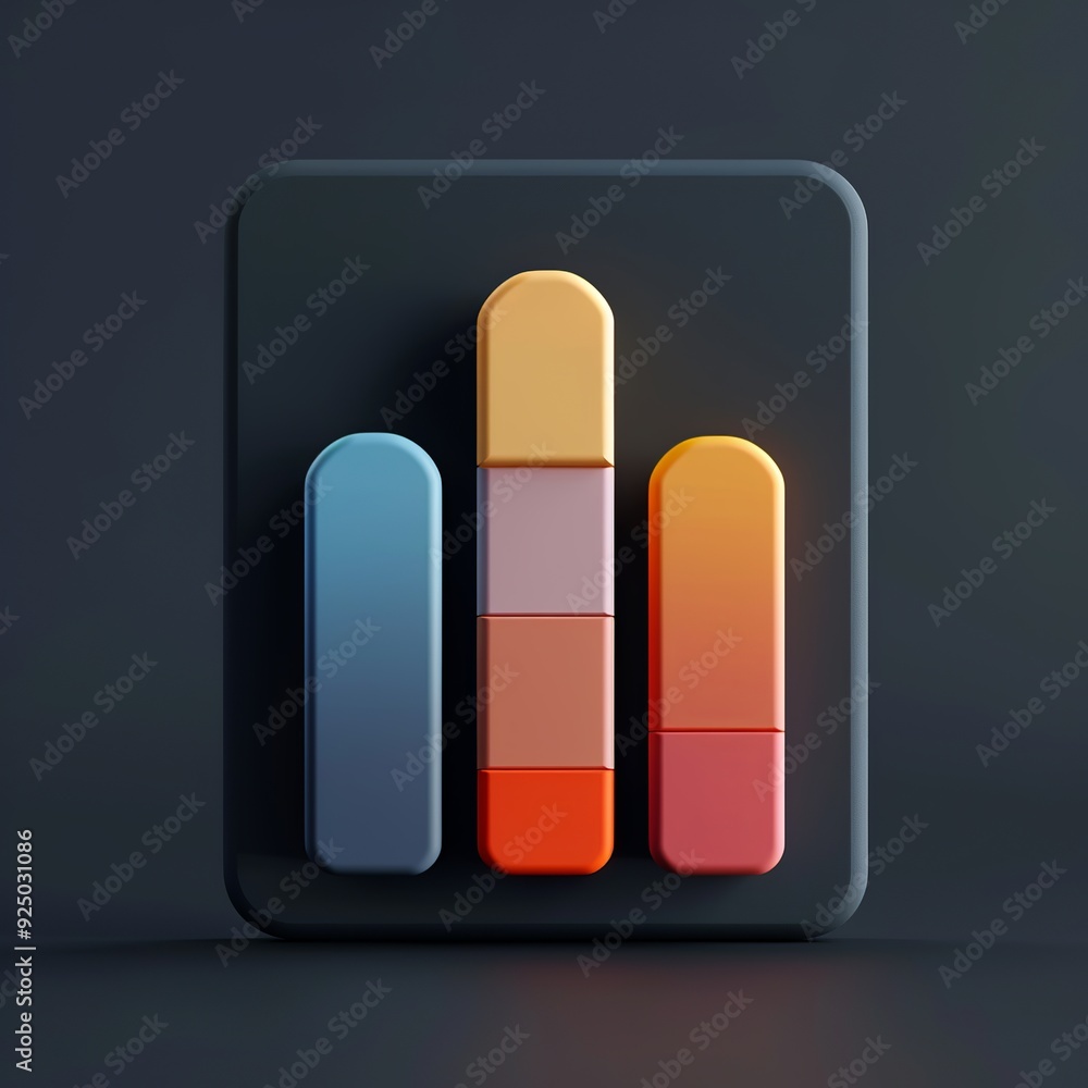 Poster a modern and minimalist 3d render of a data analysis icon, featuring a simple histogram with evenly 