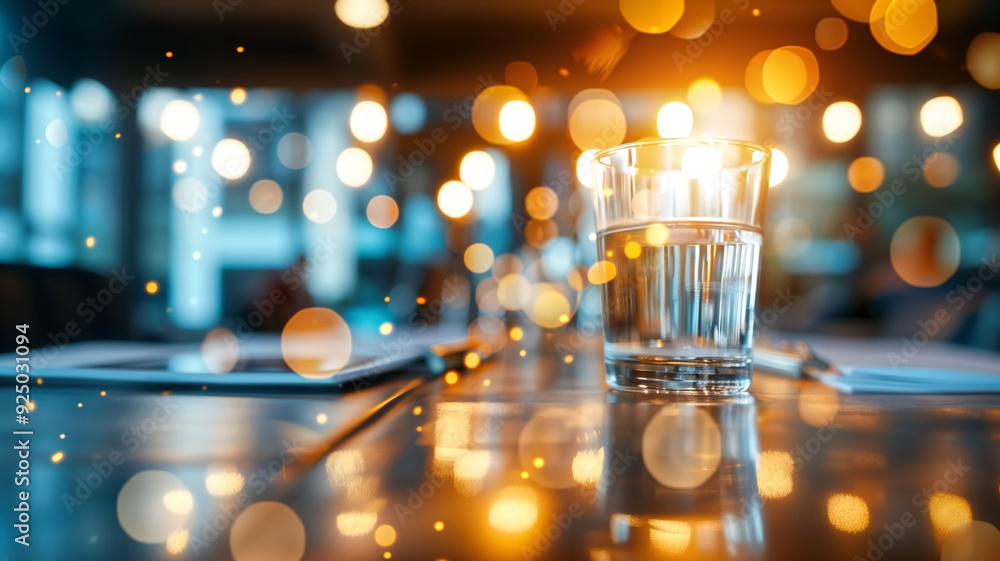 Poster close-up of a glass of water on a table with warm bokeh lights in the background creating a cozy atm