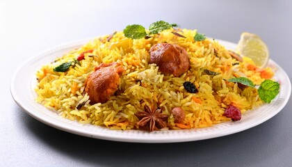 A colorful biryani on a white plate