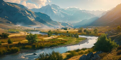 Obraz premium Scenic mountain valley on a sunny summer day with a meandering river panoramic vista
