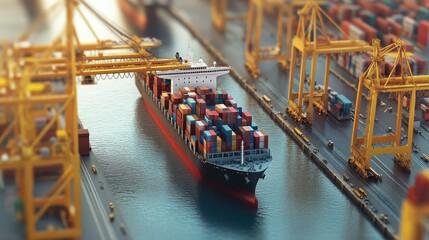 container ship in import export and business logistic.By crane ,Trade Port , Shipping.cargo to harbor.Aerial view.Water transport.International.Shell Marine.Top view.	