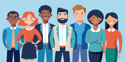Business team. Men and women, colleagues stand together. Portrait of company employees. Vector illustration
