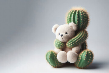 Cactus cuddly hugging a toy bear. Space for text.