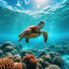 Fototapeta premium A sea turtle swims in the ocean above corals.