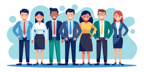 Business team. Men and women, colleagues stand together. Portrait of company employees. Vector illustration
