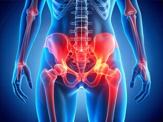 3D medical x-ray illustration of a human pelvis with pelvic pain. Highlight the painful areas in red to indicate discomfort. The image should show detailed anatomy of the pelvic region, with clear emp