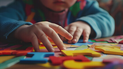 Obraz premium boy arranging vibrant puzzle pieces on a table