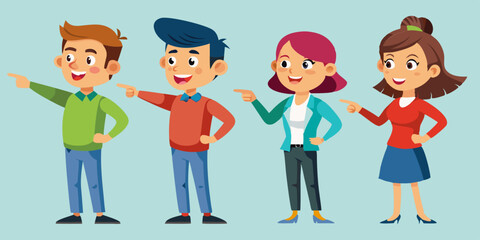 Set of male and female characters pointing their finger somewhere or showing something
