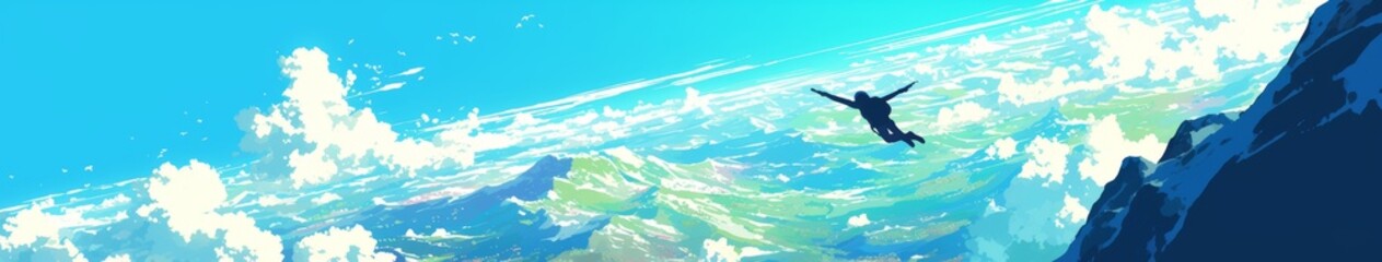 Fototapeta premium Exhilarating Winter Adventure: AI-Generated 4K Anime-Style Scenery with Skydiver over Snowy Mountains, Streams, and Meadows. Perfect for 2025 Winter Sports, New Year, and Spring Festival Promotions. I