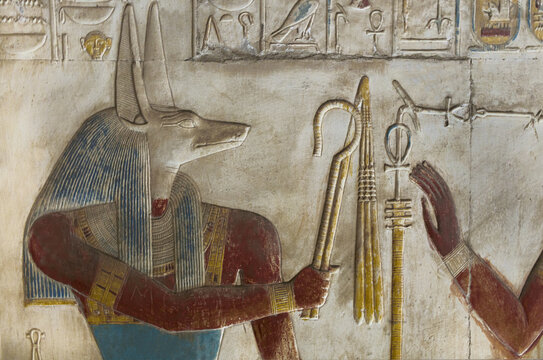 Bas-relief of the God Anubis in the Temple of Seti I at  Abydos . Egypt . 