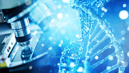 Laboratory research, scientist using microscope to checking gene or DNA for develop vaccine or...