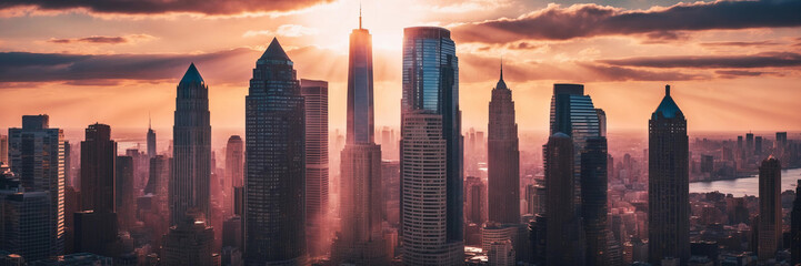 Fototapeta premium City skyline glows as sun sets, casting warm light on towering skyscrapers
