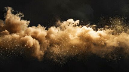 Explosion Cloud with Ink Water Drop, Defocused Gold Beige Color, Glitter Texture, Smoke Wave Flow Motion on Black Abstract Art Background