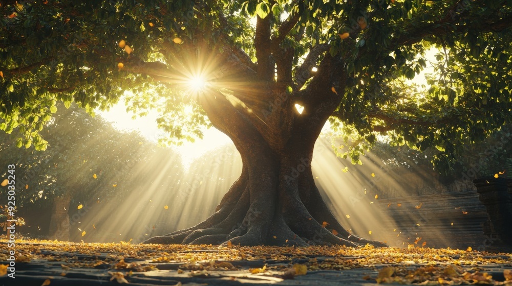 Poster sunlight streams through the branches of a magnificent bodhi tree, illuminating the surrounding area