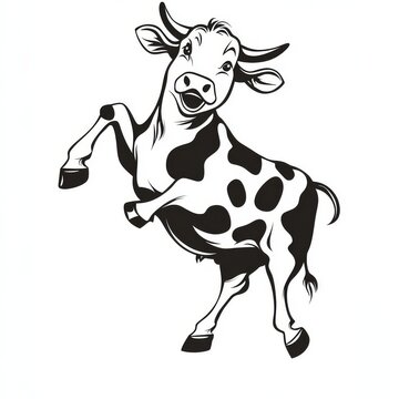 recommend clip art: A cheerful dancing cow character sketch engraving generative AI illustration. Scratch board simulation. Black and white.