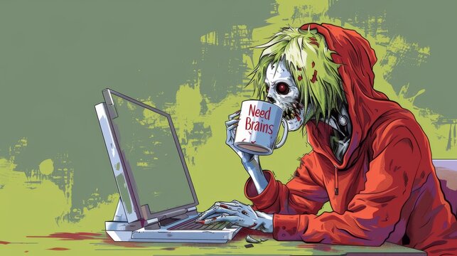 Funny Zombie Office Worker: A zombie dressed in office attire, typing at a computer with a coffee mug that says "I Need Brains." Over stressed employee. Work life balance commentary.