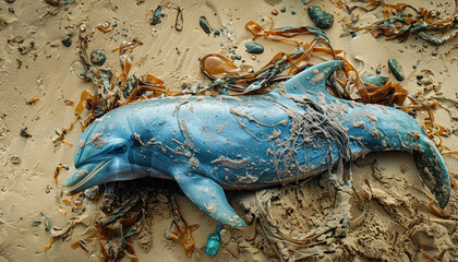 Naklejka premium Beach dead dolphin, lying on sand, partly in water. Environmental impact of pollution