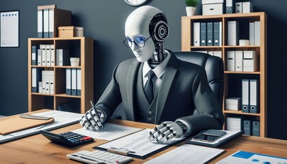 AI Robot Working at a Desk.