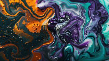 Wet Dye Background with Pigment Fluid and Colorful Swirls, Blue, Purple, Yellow, and Black Shimmering Particles in Captivating Abstract Waves