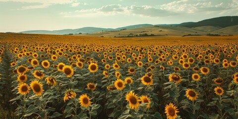 Obraz premium Sunflower field in full bloom perfect for harvesting seeds and food production at the end of summer