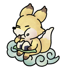 おにぎりを食べる狐_01