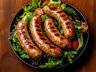 Photo of seasoned grilled sausages and green salad on a plate on a wooden table 5