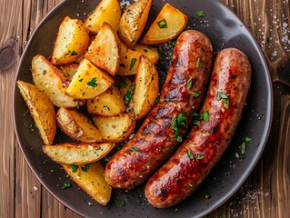 Photo of seasoned grilled sausages and wedge potatoes on a plate on a wooden table 1