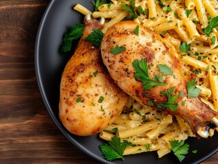Photo of seasoned roast chicken drumsticks and buttered pasta  on a plate on a wooden table