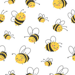 Cute funny bee,flowers cartoon kids seamless pattern. Vector hand drawn cartoon kawaii character illustration icon. Cute bee,honey,flower cartoon kawaii child seamless pattern concept