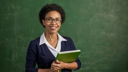 portrait of female teacher holding notepad on green