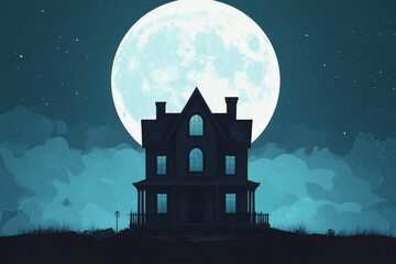 Spooky haunted house is standing on a hill with a full moon in the background