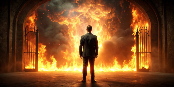 A lonely silhouette sinfull sinner human business man stands in front of a hell fire gates. Business concept. Rear view.