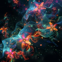 Obraz premium Glowing Colorful Waves of Flowers in Dark Background