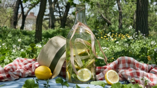 A glass bottle filled with lemons, wrapped in ribbons, placed beside a straw hat and a lemon on a checkered cloth in a vibrant outdoor setting with greenery and flowers.