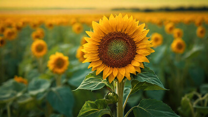 Obraz premium Close view of a sunflower with the rich green field stretching into the distance.