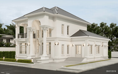 Obraz premium 3D rendering modern contemporary two - storey house design with garage and natural scenery background.