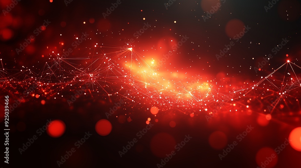 Poster abstract red and orange light patterns with glowing particles set against a dark background, creatin
