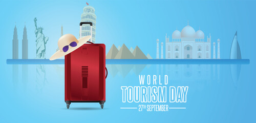 Naklejka premium World Tourism Day September 27 travel bag with hat and sunglass vector poster