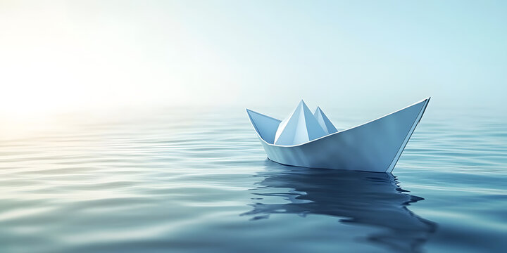 Simple paper boat floats on endless blue ocean, a fragile concept navigating vast business sea