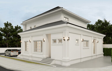 3D rendering modern contemporary two - storey  house design with garage and natural scenery background.