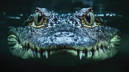 Obraz premium A crocodile submerged in water, with only its eyes and snout visible, showcasing the stealth and patience of reptilian hunters.