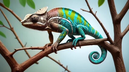 Colorful chameleon perched on a tree branch with vibrant patterns, showcasing its natural camouflage in a serene forest setting.