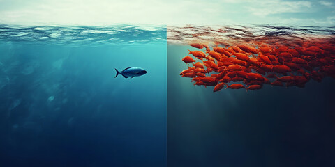 fish in red Ocean and blue ocean symbolize business strategy target group