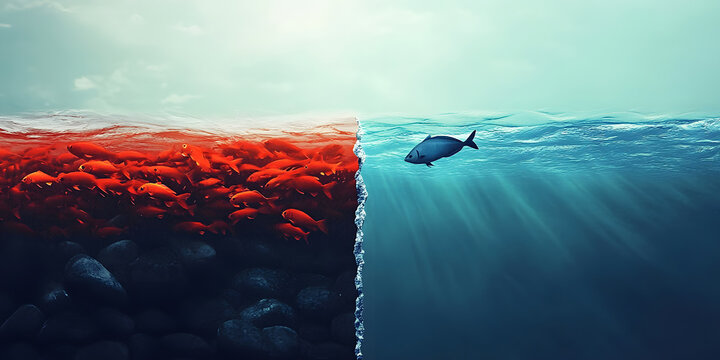 fish in red Ocean and blue ocean symbolize business strategy target group