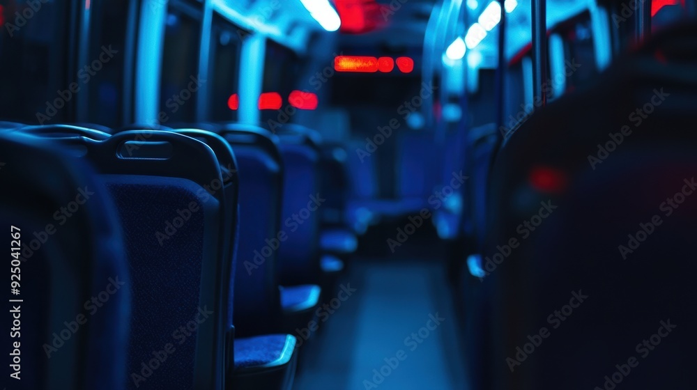 Poster a view of a bus with empty seats and red lights, ai