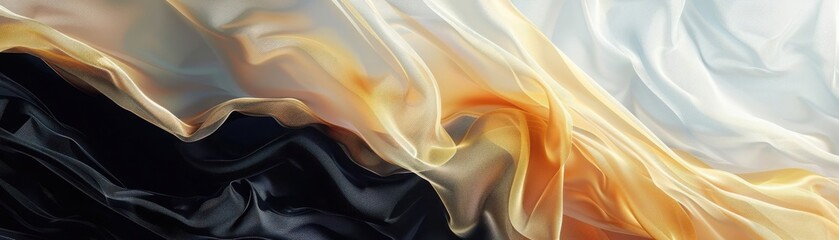 Obraz premium Elegant flowing fabric in rich black, golden, and white hues, showcasing a blend of textures and colors for design inspiration.