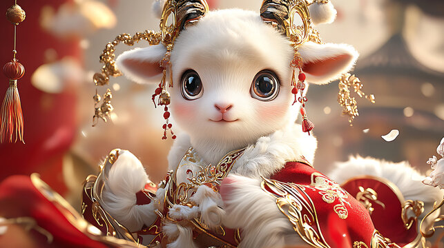 11. A charming lamb with big eyes, wearing exquisite Chinese mythology-themed clothing, elegantly framed by a rich red background, in HD 32K UHD 